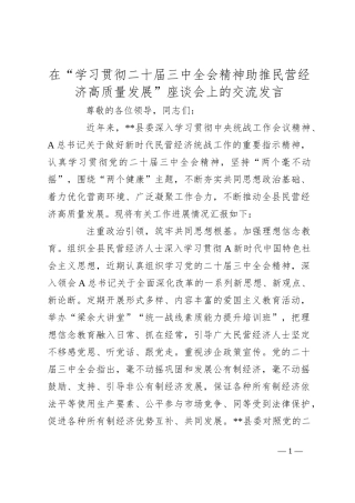 在“学习贯彻二十届三中全会精神助推民营经济高质量发展”座谈会上的交流发言