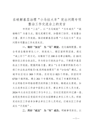 在破解基层治理“小马拉大车”突出问题专项整治工作交流会上的发言