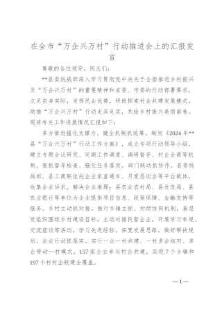在全市“万企兴万村”行动推进会上的汇报发言