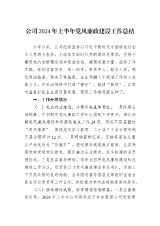公司2024年上半年党风廉政建设工作总结