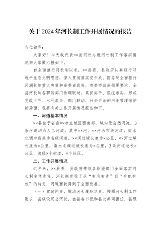 关于2024年河长制工作开展情况的报告