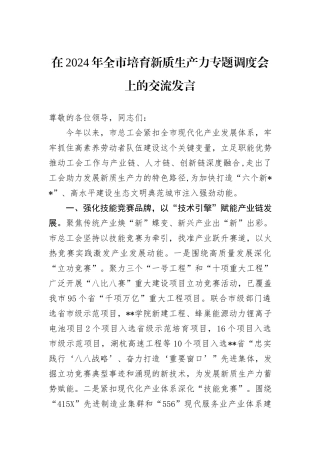 在2024年全市培育新质生产力专题调度会上的交流发言
