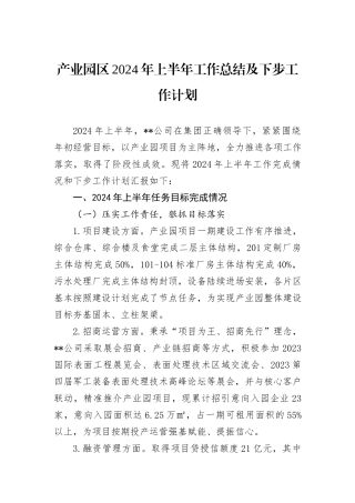 产业园区2024年上半年工作总结及下步工作计划