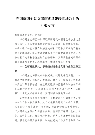 在国资国企党支部高质量建设推进会上的汇报发言