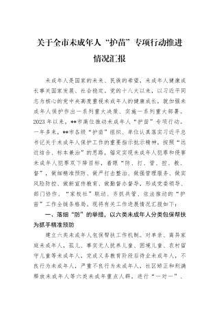 关于全市未成年人“护苗”专项行动推进情况汇报