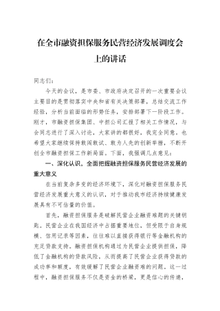在全市融资担保服务民营经济发展调度会上的讲话