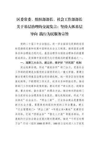 区委常委、组织部部长、社会工作部部长关于基层治理的交流发言：坚持大抓基层导向 践行为民服务宗旨