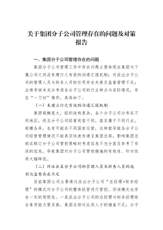 关于集团分子公司管理存在的问题及对策报告
