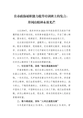 在市政协履职能力提升培训班上的发言：井冈山精神永放光芒