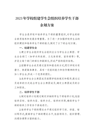 2023年学校组建学生会组织培养学生干部企划方案