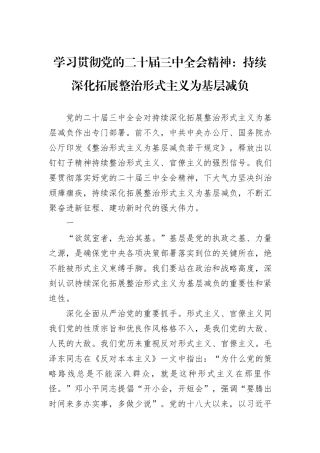 学习贯彻党的二十届三中全会精神：持续深化拓展整治形式主义为基层减负