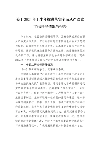 关于2024年上半年推进落实全面从严治党工作开展情况的报告