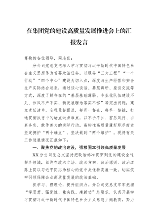 在集团党的建设高质量发展推进会上的汇报发言