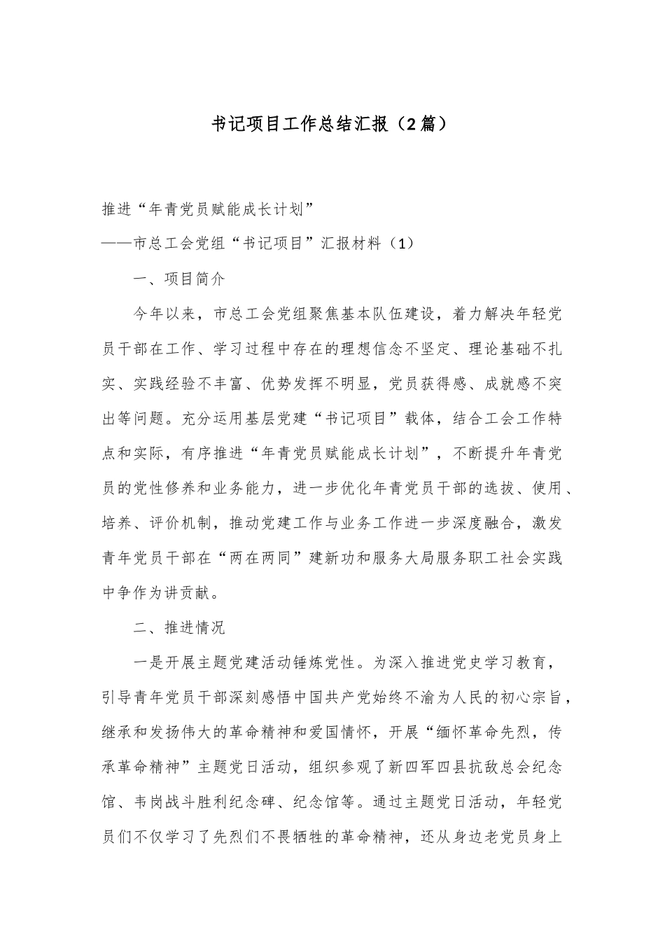 （2篇）书记项目工作总结汇报_第1页