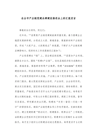 在全市产业链党建品牌建设推进会上的汇报发言