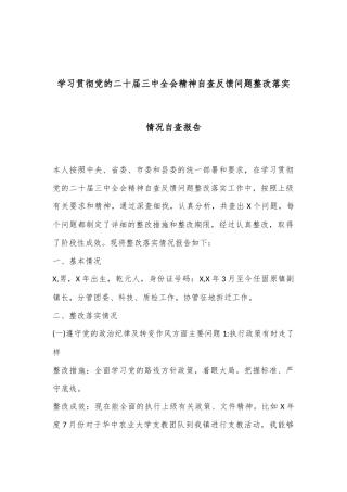 学习贯彻党的二十届三中全会精神自查反馈问题整改落实情况 自查报告