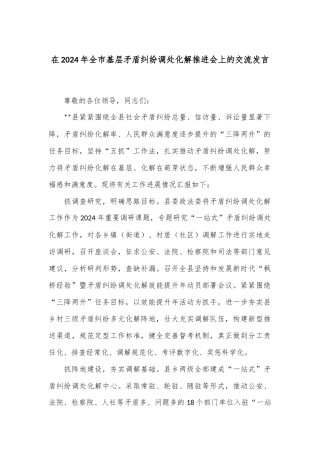 在2024年全市基层矛盾纠纷调处化解推进会上的交流发言