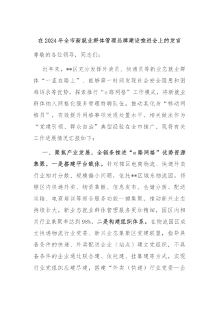 在2024年全市新就业群体管理品牌建设推进会上的发言