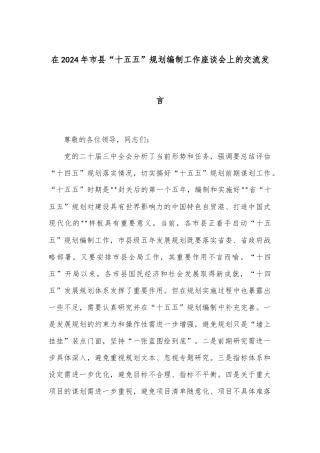 在2024年市县“十五五”规划编制工作座谈会上的交流发言