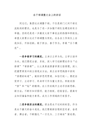 在干部调整大会上的讲话