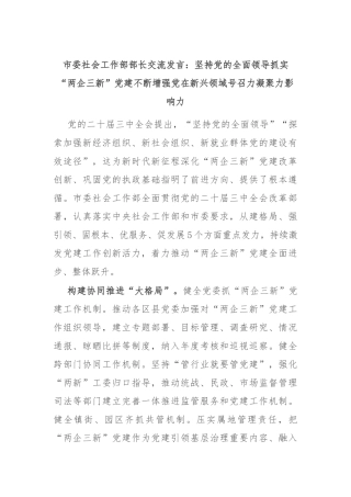 市委社会工作部部长交流发言：坚持党的全面领导 抓实“两企三新”党建 不断增强党在新兴领域号召力凝聚力影响力