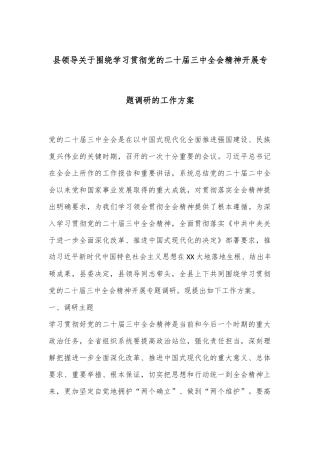 县领导关于围绕学习贯彻党的二十届三中全会精神开展专题调研的工作方案