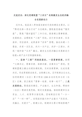 交流发言：深化党建联盟“三四五”机制 激发生态经济融合发展新动力
