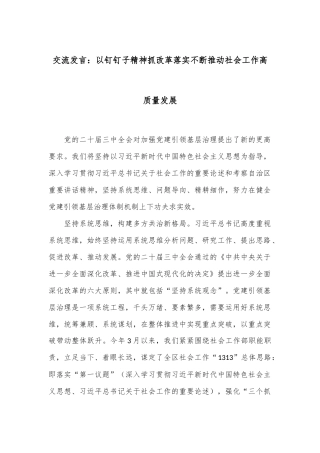 交流发言：以钉钉子精神抓改革落实 不断推动社会工作高质量发展