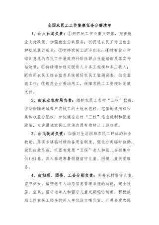 全国农民工工作督察任务分解清单