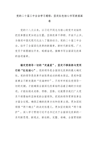 党的二十届三中全会学习感悟：坚定红色初心书写美丽画卷