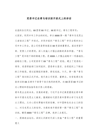 党委书记在青马培训班开班式上的讲话