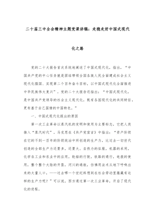 二十届三中全会精神主题党课讲稿：走稳走好中国式现代化之路