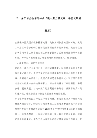 二十届三中全会学习体会（凝心聚力谋发展，奋发进取谱新篇）