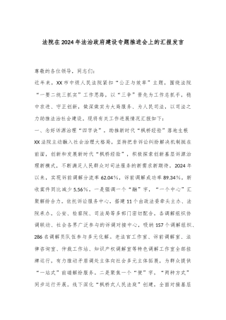 法院在2024年法治政府建设专题推进会上的汇报发言