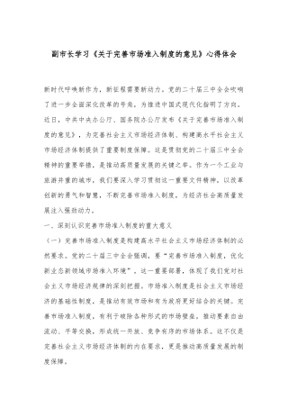 副市长学习《关于完善市场准入制度的意见》心得体会