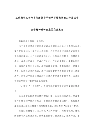 工信局长在全市县处级领导干部学习贯彻党的二十届三中全会精神研讨班上的交流发言