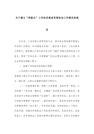 关于建立“网格化”工作体系推进思想政治工作情况的报告