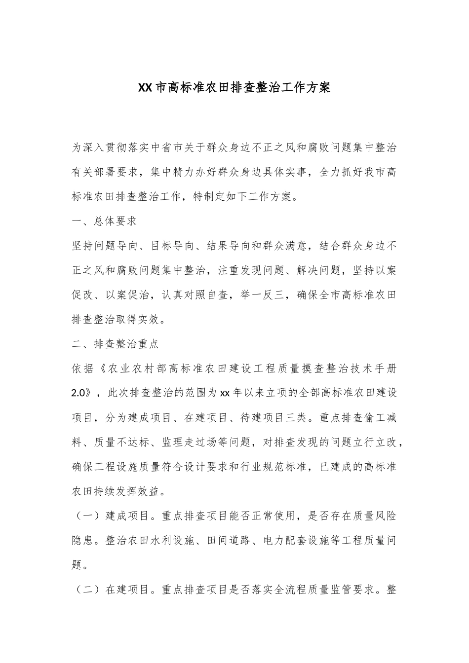 XX市高标准农田排查整治工作方案_第1页