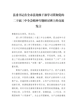 县委书记在全市县处级干部学习贯彻党的二十届三中全会精神专题研讨班上的交流发言