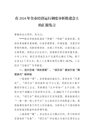 在2024年全市经济运行调度分析推进会上的汇报发言