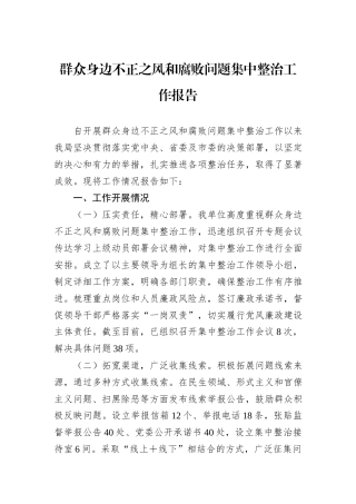 群众身边不正之风和腐败问题集中整治工作报告