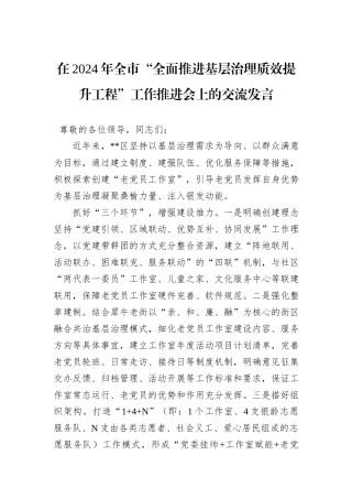 在2024年全市“全面推进基层治理质效提升工程”工作推进会上的交流发言