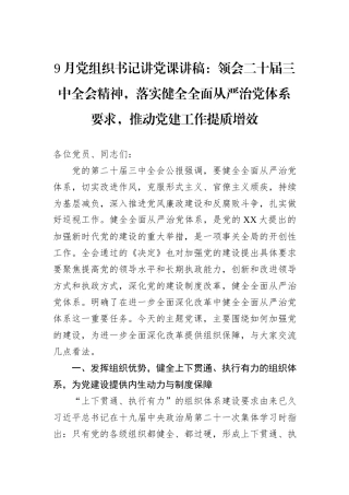 9月党组织书记讲党课讲稿：领会二十届三中全会精神，落实健全全面从严治党体系要求，推动党建工作提质增效