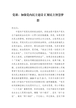 党课：加强党内民主建设+汇聚民主智慧梦想