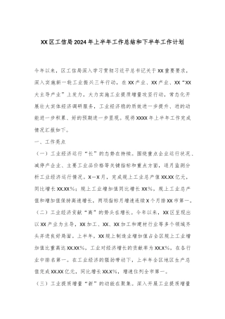 XX区工信局2024年上半年工作总结和下半年工作计划