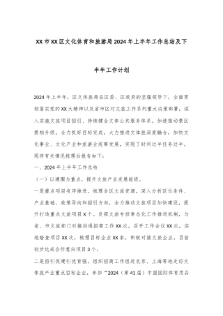 XX市XX区文化体育和旅游局2024年上半年工作总结及下半年工作计划
