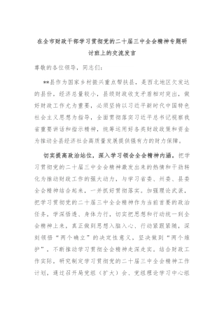 在全市财政干部学习贯彻党的二十届三中全会精神专题研讨班上的交流发言