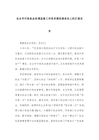 在全市行政执法协调监督工作体系建设推进会上的汇报发言