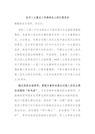 在市人大重点工作推进会上的汇报发言