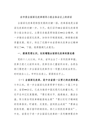 在市委全面深化改革领导小组全体会议上的讲 话